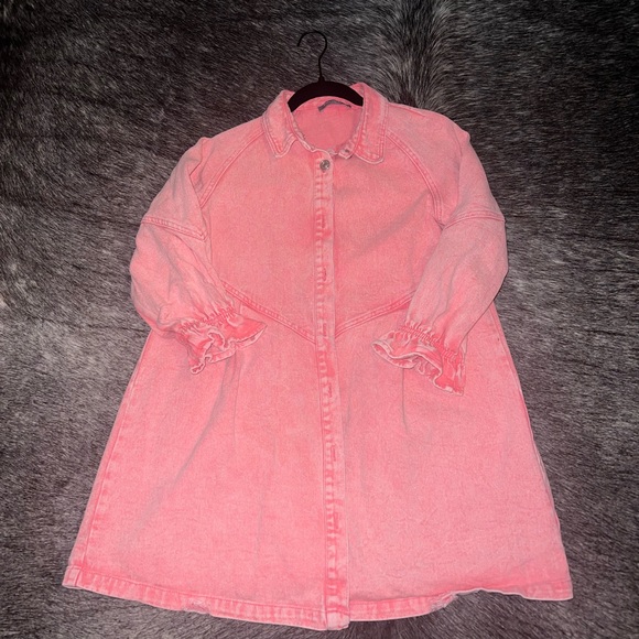 Small Pink Denim Shirt Dress 3/4 Long Sleeve Button Down - Picture 3 of 6